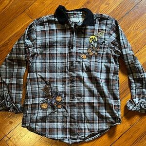Victoria Jones Woman Black and Gray Plaid Shirt with Halloween Embroidery